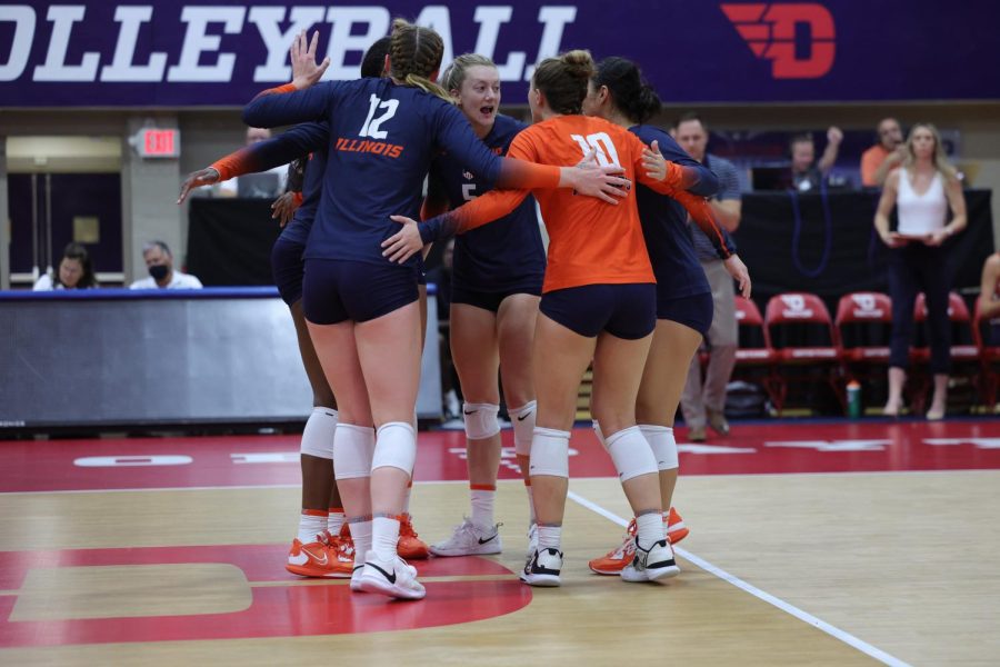 The+Illinois+volleyball+team+huddle+during+their+match+against+Dayton+on+Sept.+10.+The+Illini+will+be+back+home+for+the+first+time+this+season+for+this+weekends+match+up+against+Maryland+on+Friday+and+Northwestern+on+Saturday.+