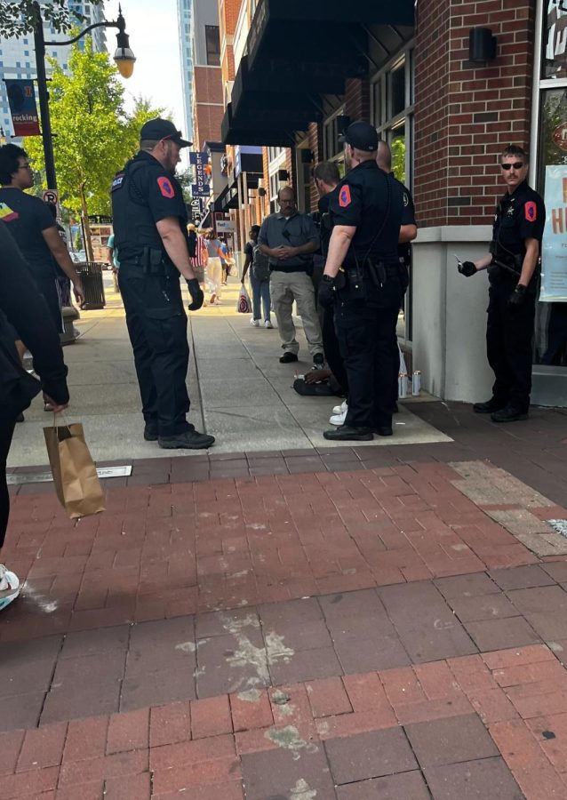 Police assess a threat of violence after apprehension of aggravator by UIPD outside of Noodles & Company located at the intersection of S. 6th St. and E. Green St  on Friday. The individual apprehended was not put into custody after discussing the altercation.