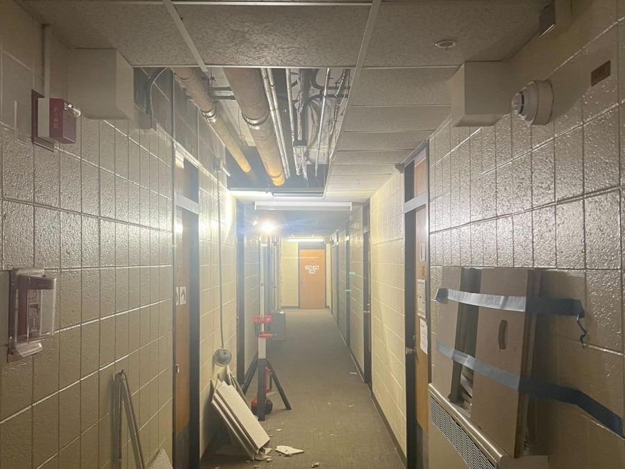 A+vandalized+section+of+the+first+floor+in+Scott+Hall+on+Thursday.+Students+reported+torn+down+cameras%2C+ripped+posters+and+missing+ceiling+tiles.+