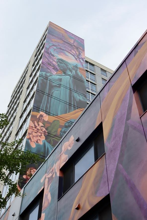 The new Alma Mater mural on the east side of Skyline Tower on Green Street was done during the summer. The mural was done by Chicago artist Levar Hoard who was inspired to do the mural after passing the empty building one day. 