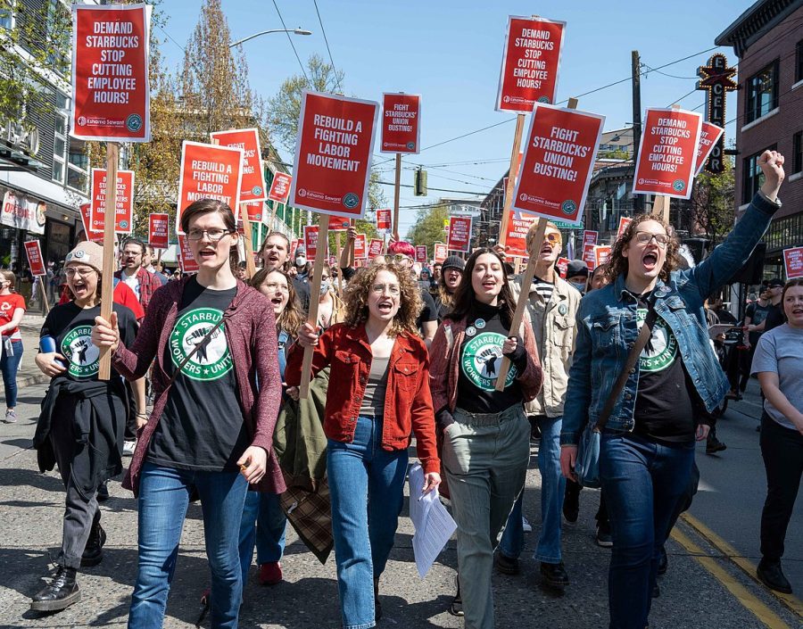 A Starbucks labor union protest occurs in Seattle on April 23. Senior columnist Nathaniel Langley argues that labor unions are more crucial than ever as workers struggle to receive fairness from large corporations. 