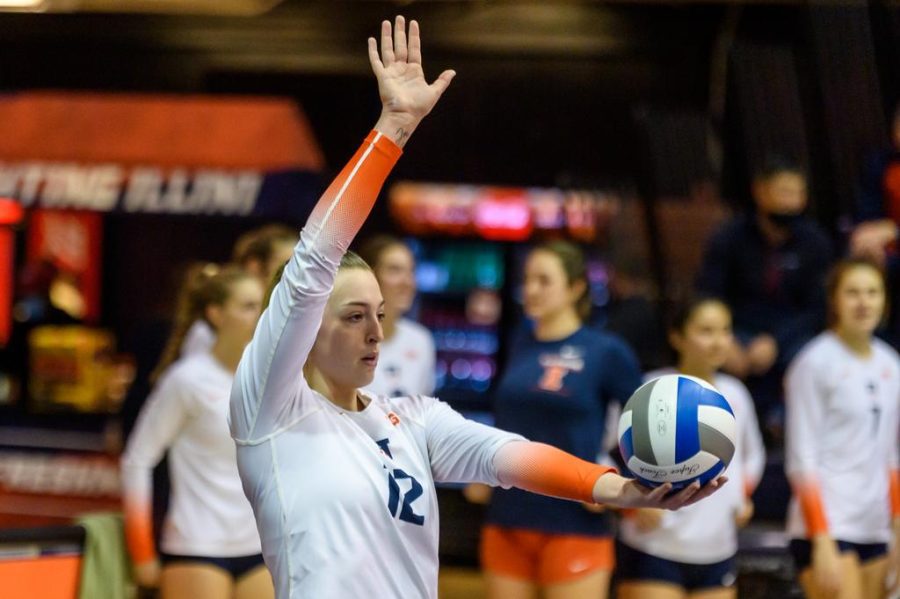 Junior+outside+hitter+Raina+Terry+prepares+to+serve+during+the+home+game+against+Maryland+on+Nov.+21.+The+Illini+fall+to+both+Colorado%2C+3-0%2C+and+No.+14+Washington%2C+1-3%2C+over+the+weekend.+