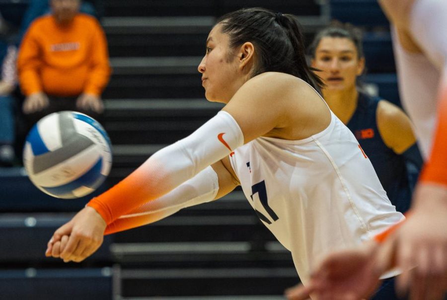 Mar 9, 2022; Champaign, Illinois, United States; freshman defensive specialist Becca Sakoda (17) of the Illinois Fighting Illini during the scrimmage between the Brøndby Volleyball Klub and the Illinois Fighting Illini at Huff Hall. Illinois won, 3-1. Photo by Andy Wenstrand.