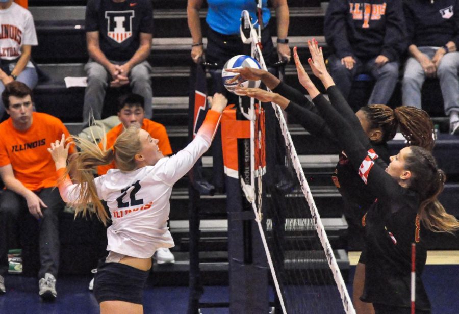 Setter Brooke Mosher blocks Maryland’s attempt to score by the net on Sept. 23 BIG Ten match. Mosher performed in her first BIG Ten matches and had 14 kills against Maryland.
