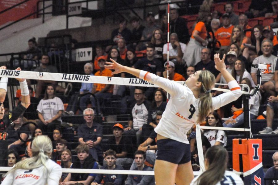 Opposite%2Foutside+hitter+Kayla+Burbage+jumps+to+spike+the+ball+towards+the+opposing+Maryland+on+Sept.+23.+Burbage+speaks+on+gaining+practice+over+her+serve+after+a+3-0+sweep+from+the+Illini+against+Maryland+on+Friday.