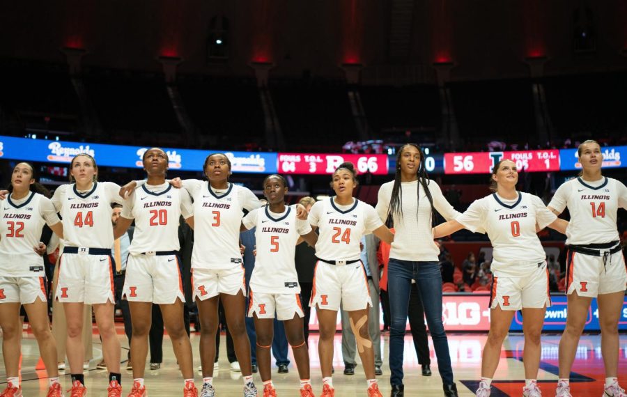The Illini come together after a math against Rutgers during senior night on Mar. 27. The Illini will be heading into the new season under the direction of the teams new head coach and former head coach for the Dayton Flyers, Shauna Green.