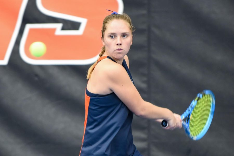 Sophomore Kasia Treiber eyes the ball during her singles match against Rutgers on March 27. 
