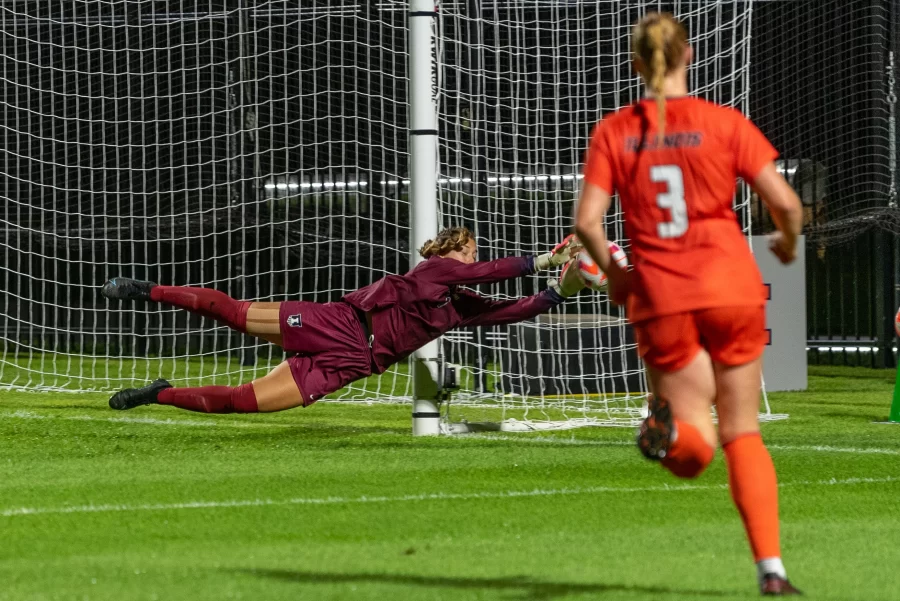 Junior goalkeeper Julia Cili blocks a shot from Missouri on Sept. 9. The Illini will be traveling to Madison to go up against the Badgers on Thursday. 