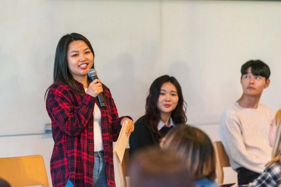 Nicky, one of four North Korean defectors, speaks at a panel discussing their escape and life afterwards at the Campus Instructional Facility on Saturday. 