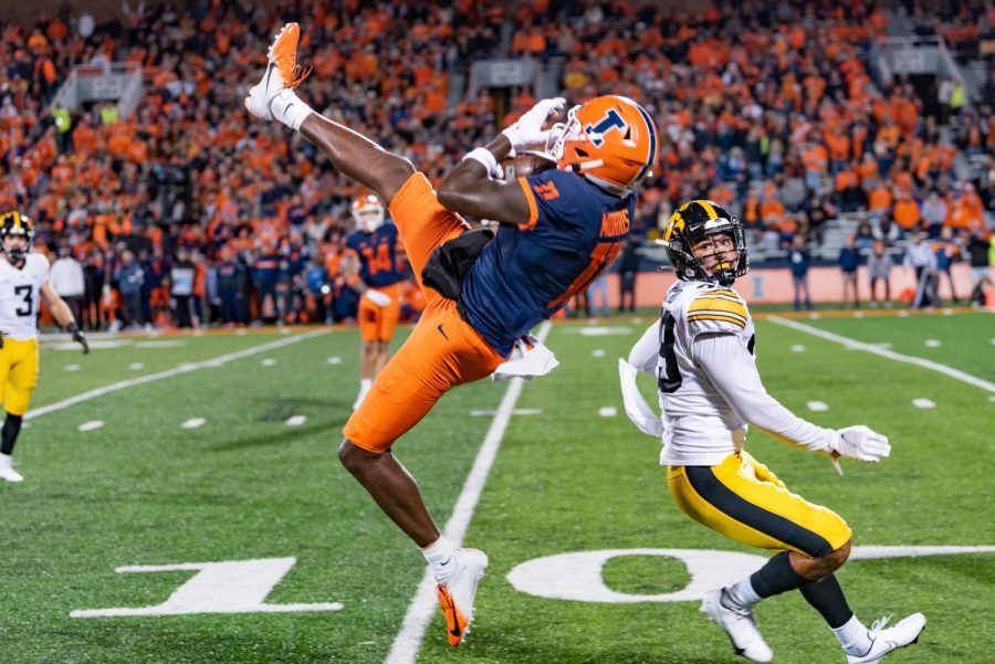 Wide receiver Jonah Morris comes down with the catch deep in Iowa territory. Illinois outlasts Iowa in Champaign 9-6.