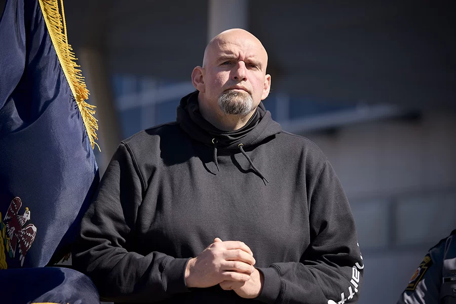 Lt. Gov. John Fetterman attends a flag order he issued for two Pennsylvania state police troopers killed in the line of duty on March 21. 