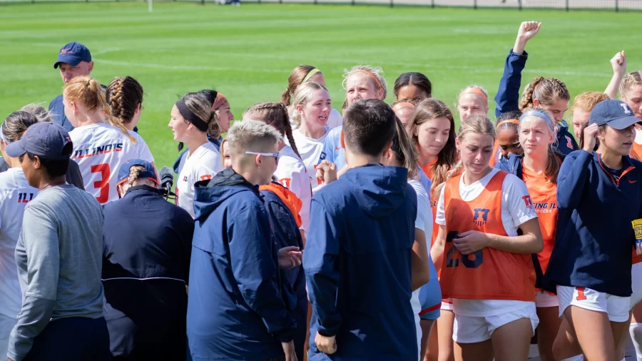 The Illini come together during a break against Loyola on Sept. 11. On Sunday the Illini suffered an unfortunate 1-6 defeat against Ohio State.