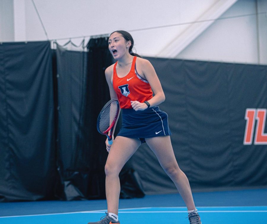Sophomore Kida Ferrari celebrates a score on Jan. 23. against Chicago state resulting in a 4-0 victory for the Illini. During the June Stewart Invitational the Illini faced many struggles throughout the invitational however, Ferrari gave a good performance resulting in a singles win for the Illini.   