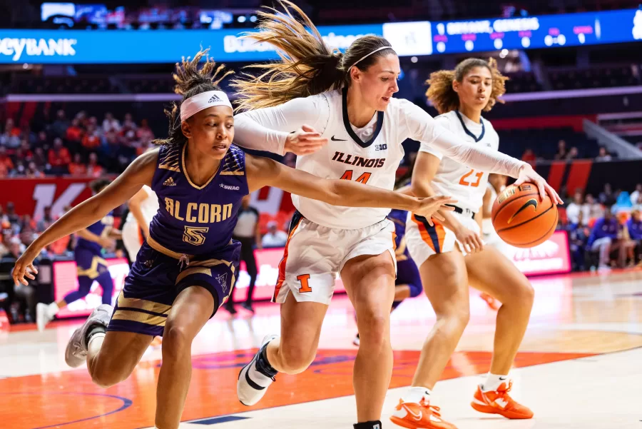 Forward Kendall Bostic keeps the ball away from the opposing team during a game against Alcorn on Nov. 13.
The Illini remain undefeated after yesterdays match against Oakland and will be hitting the road until their return to home on Dec. 7.