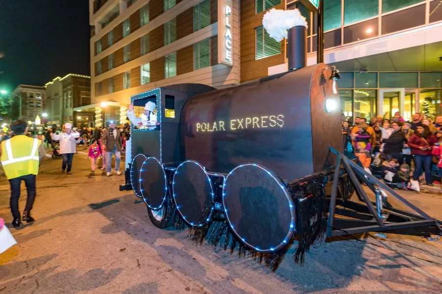 A float representing the Polar Express goes through Downtown Champaign at the 2018 Parade of Lights
on Nov. 24, 2018.