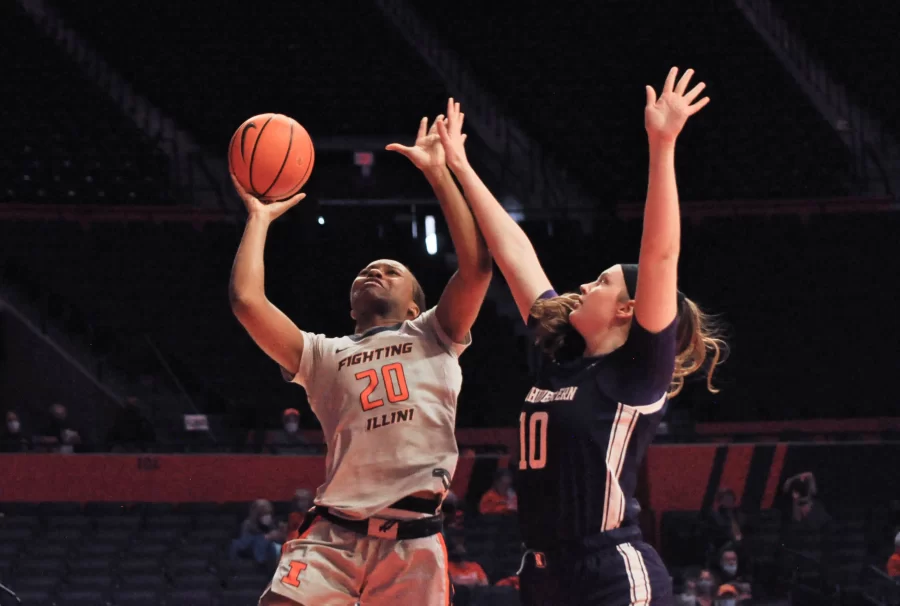 Forward Erika Porter jumps to make a lay up against Northwestern on Feb. 21. The Illini will be starting of this season against Quincy during tonights match.