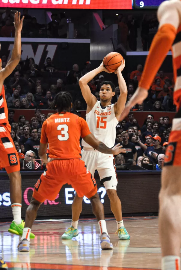 Sophomore guard RJ Melendez looks for someone to pass to during the second half against Syracuse on Tuesday. 