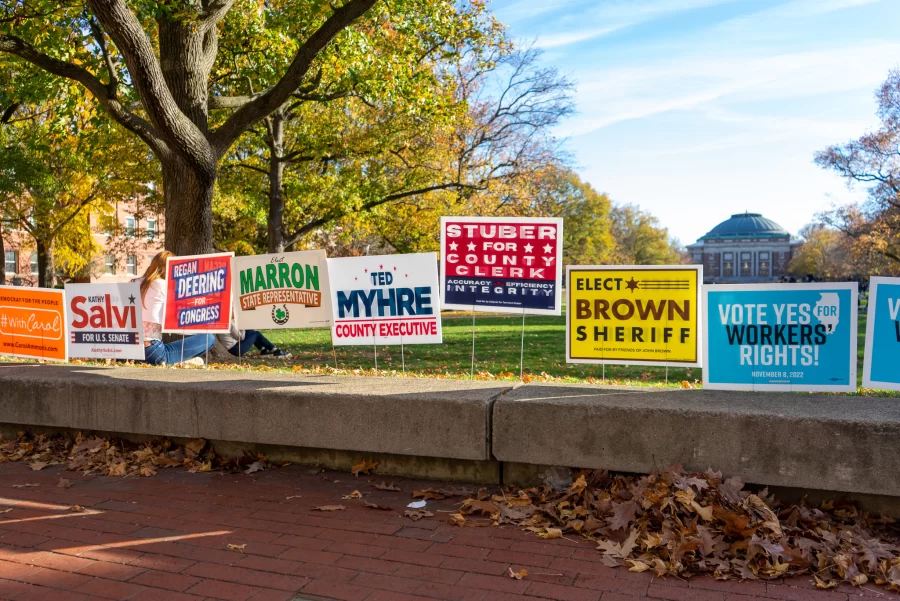 Various political campaign signs were posted at the north end of the main quad on Nov. 3.