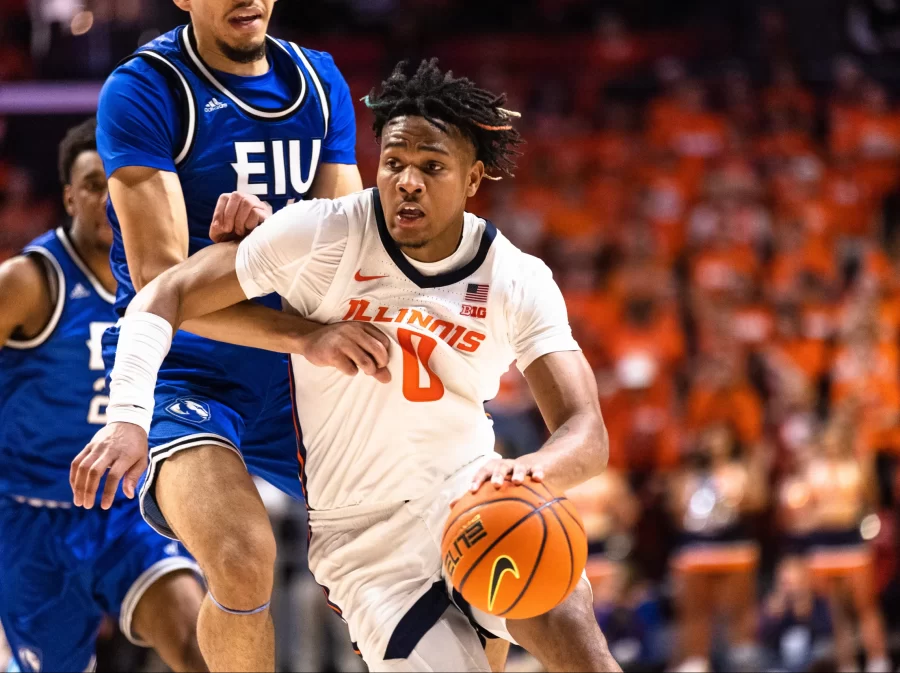 Guard Terrence Shannon Jr. attempts to get past the opposing team during tonights match. Shannon made his premiere for the Illini with a performance that played a big hand to the teams 87-57 victory.