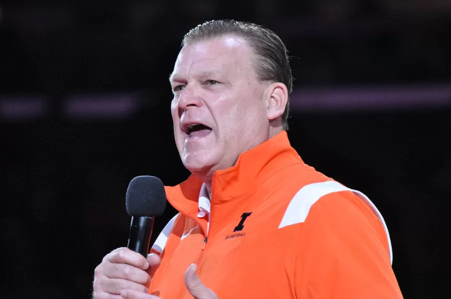 Illinois men’s basketball head coach Brad Underwood speaks to fans during the 2022 Big Ten Championship ring and banner ceremony on Nov. 11. 
