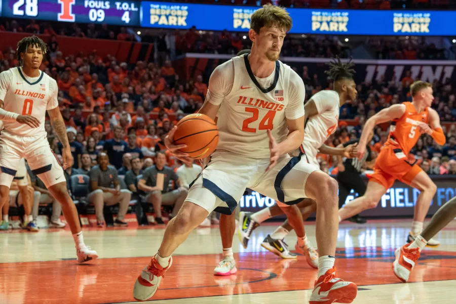 Guard/Forward Matthew Mayer receives a pass from his team during a game against Syracuse on Nov. 29. 
The Illini suffered a defeat today from Penn State resulting in a score of 59-74.