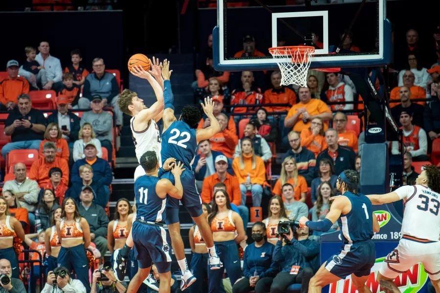 Forward%2FGuard+Matthew+Mayer+attempts+a+jump+shot+against+Penn+State+during+a+game+last+Saturday%2C%0AThe+Illini+rebounded+from+last+weeks+match+against+Penn+State+with+a+68-47+victory+against+Alabama+during+todays+match+at+the+State+Farm+Center.