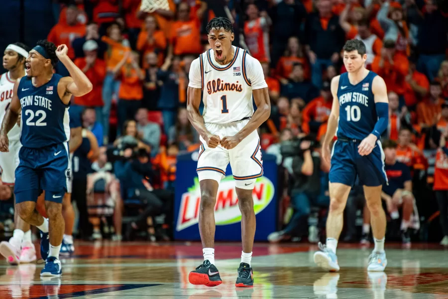 Guard Sencire Harris celebrates a score against Penn State on Dec. 10.
Harris had a spectacular performance as a starter during Thursdays game against Bethune-Cookman that ended with a 85-52 victory in favor of the Illini.