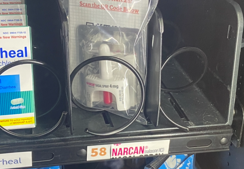 Narcan, a drug that can help reverse opioid overdose, is seen in a vending machine at the Ikenberry Commons. 