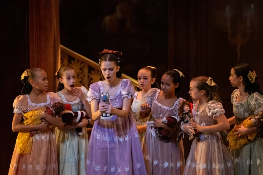 Ballerinas stand in shock of the state of the nutcracker during CU Ballets The Nutcracker performance. The Champaign-Urbana community come together ang share their excitement for the 25th anniversary of The Nutcracker at the Krannert Center for the Preforming Arts 
