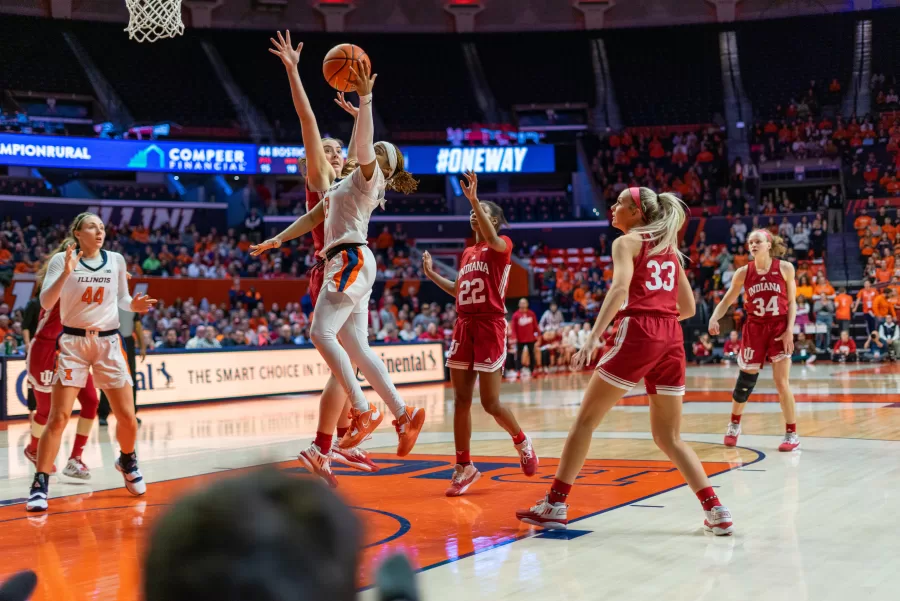 Junior guard Makira Cook makes a layup against Indiana on Wednesday. Since transferring to Illinois, Cook has had an immense impact on Illinois, including helping the team gain its first ranking in years.