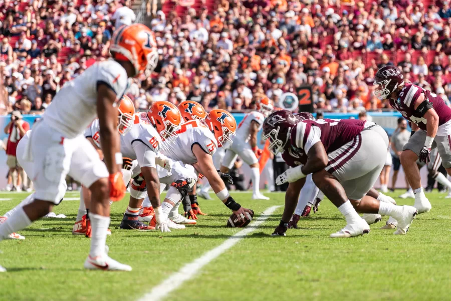 The Fighting Illini offense lines up against the Mississippi State Bulldogs Monday at the 2023 ReliaQuest Bowl game in Tampa, Fla., on Jan. 2, 2023, at the Raymond James Stadium, home of the Tampa Bay Buccanneers.