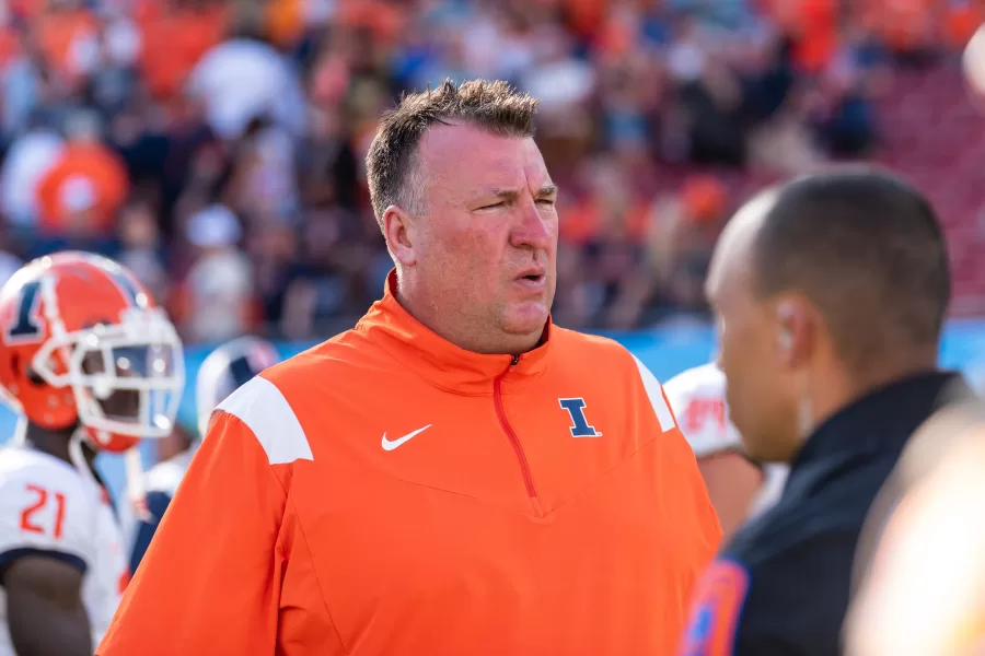 Head Coach Bret Bielema reacts to the Fighting Illini’s 19-10 loss at the ReliaQuest bowl game in Tampa, Fla. on January 2. Bielema added another recruit to the class of 2024 with Florida defensive back Amar Reynolds.