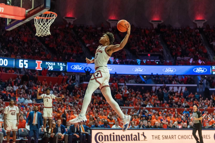 Senior guard Terrance Shannon Jr. leaps for a dunk against Wisconsin on Jan. 7.
The Illini gets back on foot after their defeat from Northwestern with the Illinis second win on Tuesday against Nebraska. 