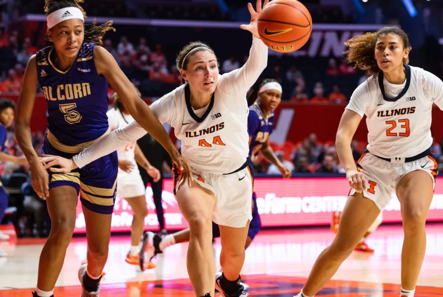 Forward+Kendall+Bostic+reaches+out+for+the+ball+during+a+game+against+Alcorn+on+Nov.+13.%0AThe+Illini+maintain+their+win-streak+within+the+new+year+with+a+85-79+victory+against+Northwestern+on+Thursday.
