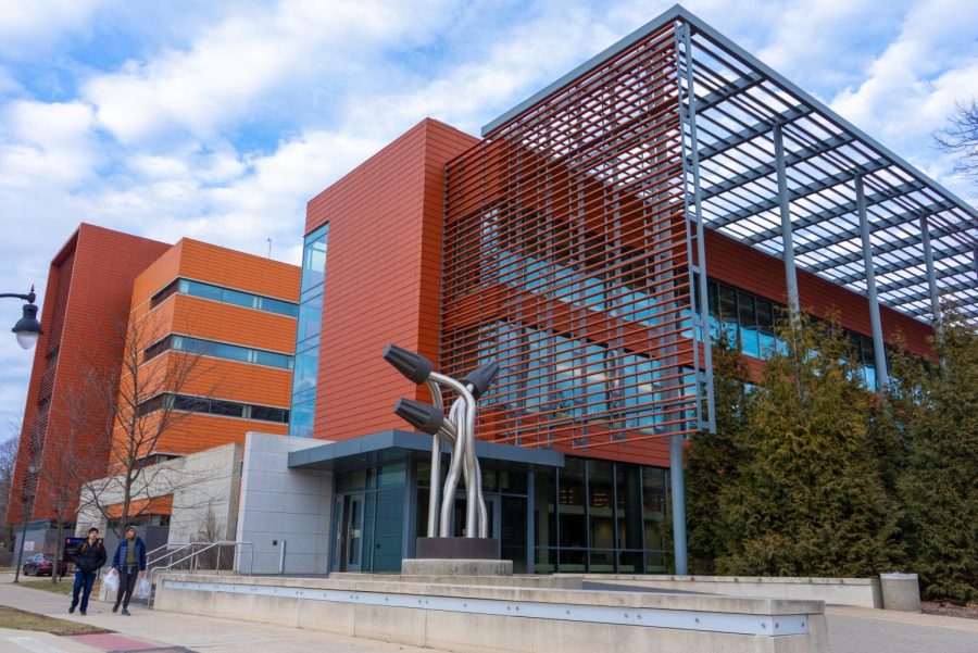 The Electrical and Computer Engineering Building is located on the North Quad off of Wright Street. The building is now the Uniiversitys first net zero energy building on campus, meaning it uses no more energy than it produces via its own methods, such as the solar panels located on the roof.