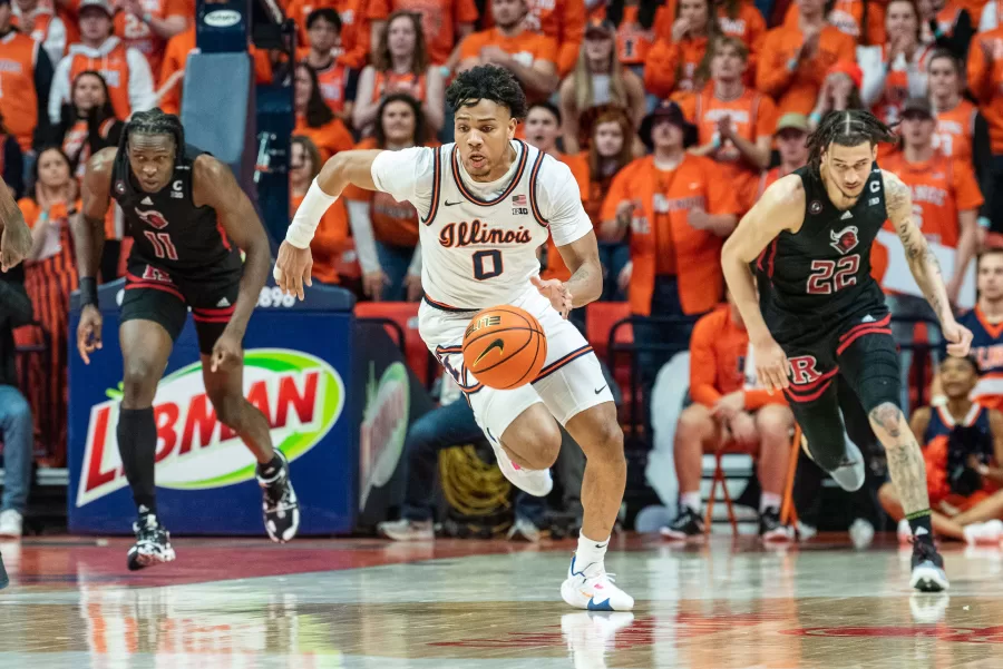 Senior guard Terrence Shannon Jr. runs down the court during the game against Rutgers on Saturday. On Tuesday, Illinois faced off against Penn State; despite a strong performance from Shannon, the Illini suffered a 93-81 defeat.