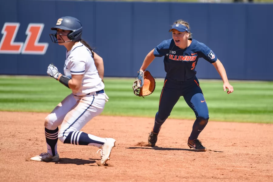Fifth-year Kailee Powell goes for a ground ball at first base during a game against Penn State on May 5, 2022. Beginning Friday, the Illini will participate in the NFCA Leadoff Classic in Clearwater, Fla. 