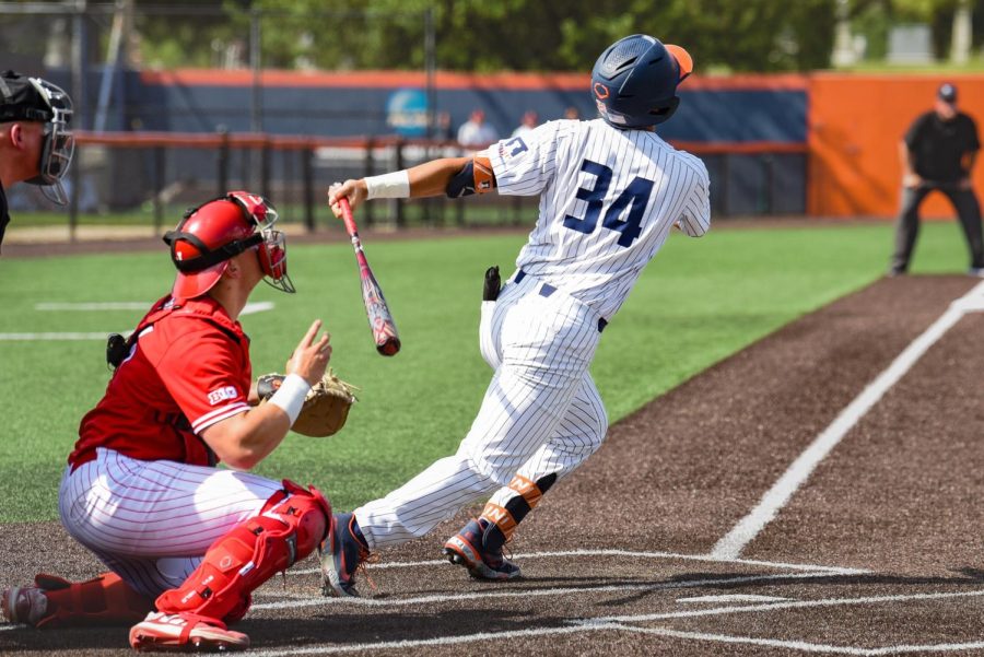 Junior infielder Drake Westcott follows through on a swing during a game against Nebraska on May 14. The Illini are currently 2-2 and this weekend, they will face off against the Golden Eagles of Southern Mississippi.