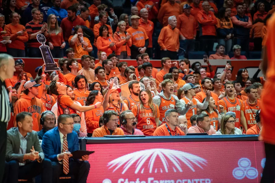 Members of the Orange Krush student section yell at the mens basketball game against Michigan State on Jan. 13. Due to recent events, Orange Krush will not be at the game at Iowa on Saturday, making the first time since 2002 that the group will not travel to an away match, excluding the 2020-21 season.