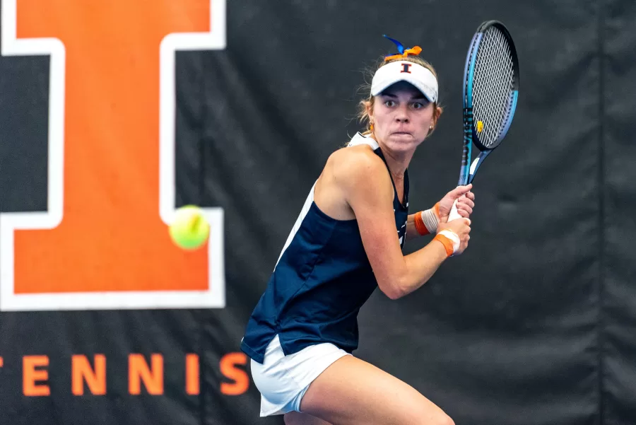 Senior Josie Frazier eyes the ball as she prepared to hit it back to Georgia Tech on Feb. 3.
The Illini won against Missouri 4-0 with Frazier earning 6-2 and 6-4 wins during the event.