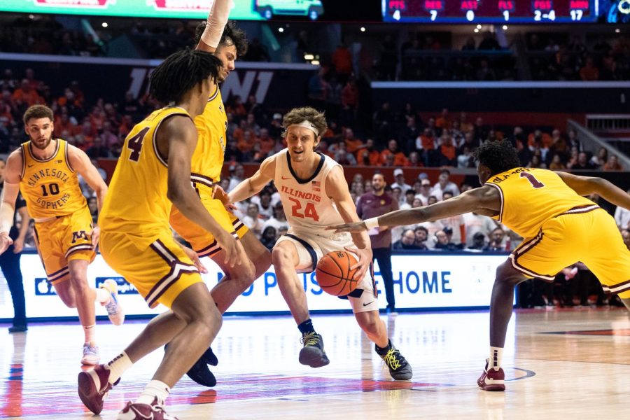 Guard/Forward Matthey Mayer slips through Minnesotas defense around the start of the second half of tonights game.
Mayer led the Illini with constant scores against Minnesota bouncing back from the defeat by Indiana on Saturday for the Illini.
