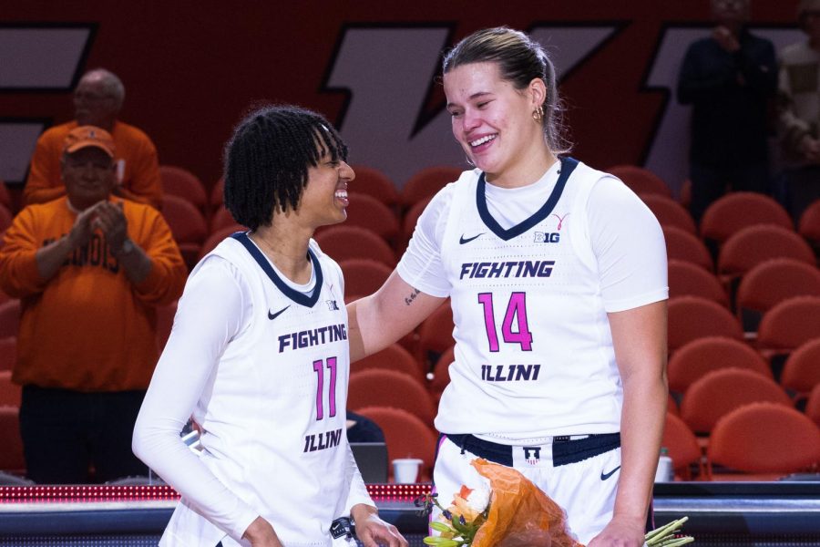 Guard Jada Peebles and Forward/Center Geovana Lopes during their senior night after their last home game on Wednesday. 
 The Illini ended of their last game on Sunday against Rutgers.