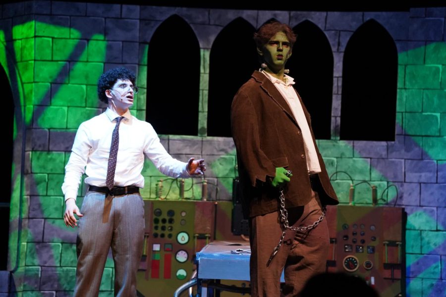 Maine West High School’s Fine Arts Department performed Mel Brooks musical “Young Frankenstein” from Feb. 16 to Feb. 19. Junior Youssif Massri (left) portrayed Dr. Frankenstein, while junior Ethan Mattson portrayed Frankensteins monster.