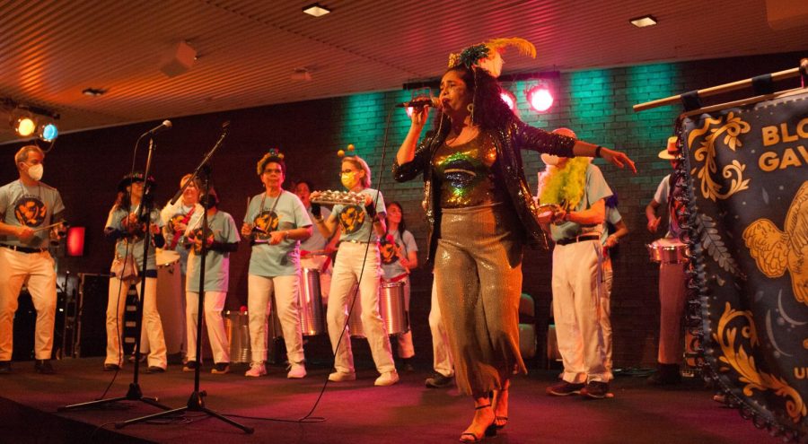 Members of the community samba group Bloco Gavião perform at the Krannert Center for Performing Arts on Tuesday. 