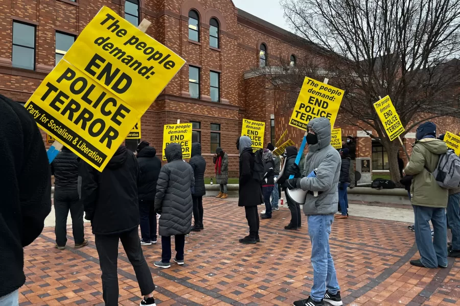 Protestors with the Party for Socialism and Liberation gather outside of the Champaign County courthouse on Sunday. The demonstration called for justice for Tyre Nichols, a 29-year-old Black man killed earlier this year by police officers in Memphis.