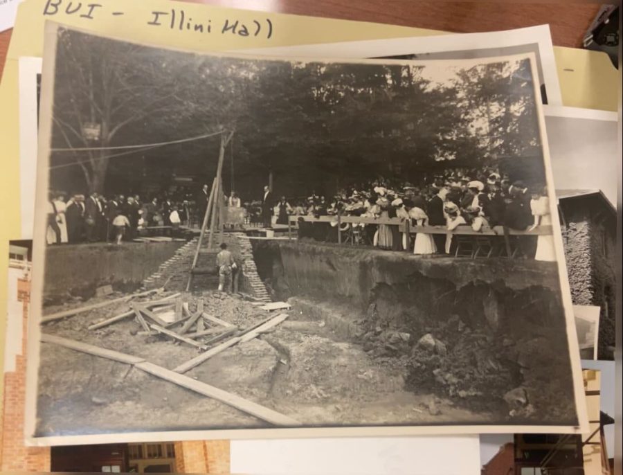 Archive photo of the construction of recently demolished Illini Hall. A time capsule was found at llini Hall amidst its current destruction this month.