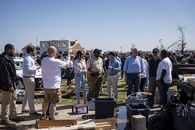 ROLLING FORK, MS (March 26, 2023) Homeland Security Secretary Alejandro Mayorkas tours a neighborhood to witness damage firsthand from a recent tornado at devastated Rolling Fork, Mississippi. 