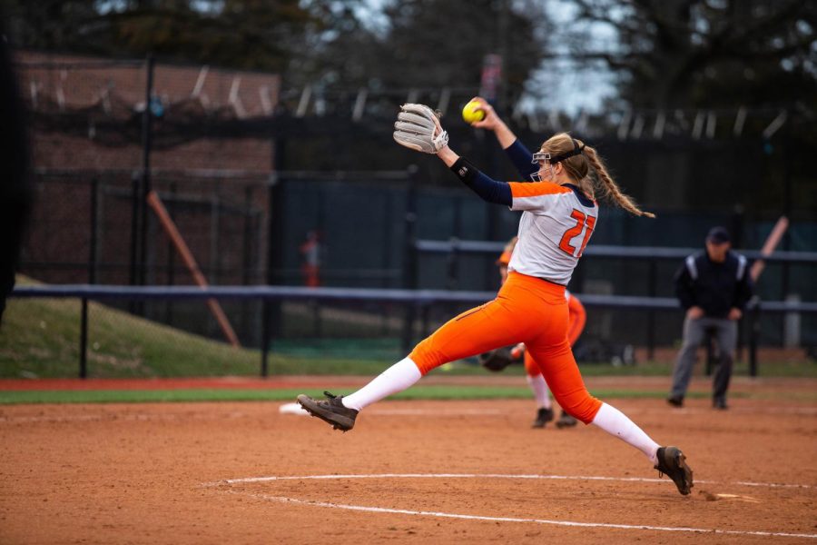 Pitcher Sydney Sickles leaps while pitching against ISU on April 3, 2019. Sickels set a 21 strikeout record on Feb. 11 this season and continues to dominate the field during her fifth-year.