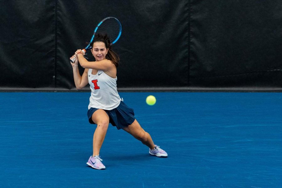 Violeta Martinez takes on the Illinois State University Redbirds at Atkins Tennis Center on Feb. 12. 
Martinez earned her first Big Ten during a a match on Sunday against Rutgers.
