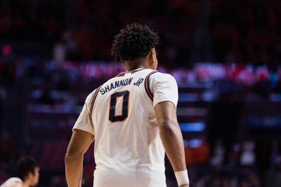 Senior+guard+Terrence+Shannon+Jr.+during+a+time+out+in+midst+of+a+game+against+Northwestern+on+Feb.+23.+On+Wednesday%2C+Shannon+announced+that+he+would+return+to+Champaign+for+one+more+season.